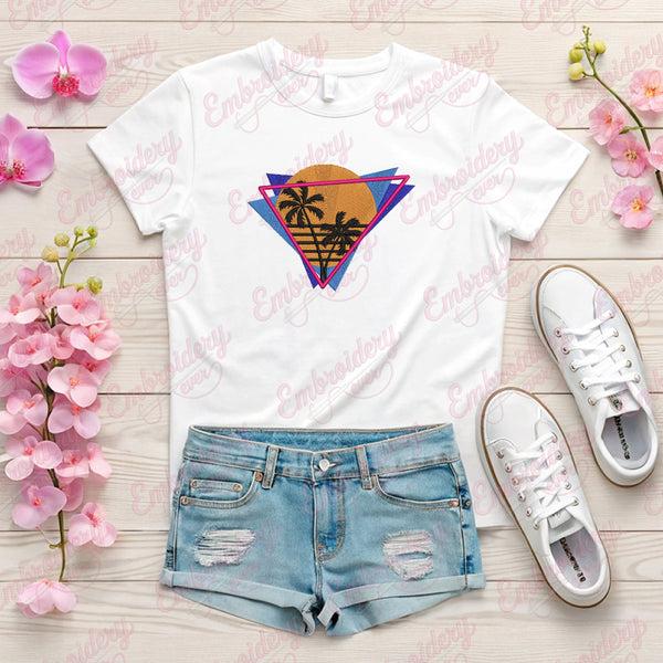 Retro 80s Style Synthwave Neon Sunset Embroidery Design