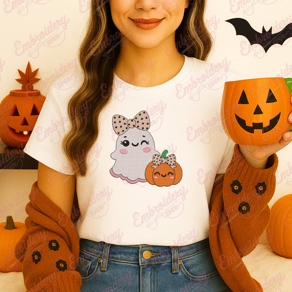 Cute Kawaii Halloween Ghost and Pumpkin Embroidery Design