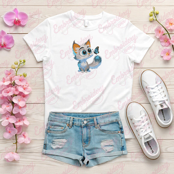 Cute Cat Observing Butterfly Embroidery Design