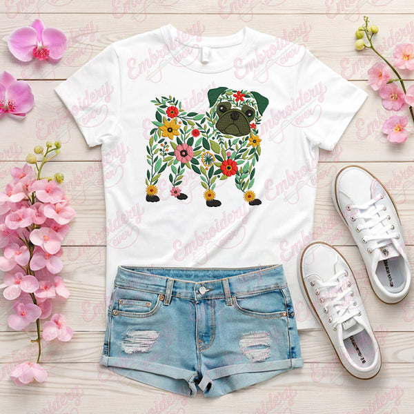 Colorful Botanical Pug Embroidery Design