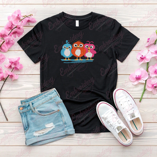 Three Colorful Cartoon Style Birds Embroidery Design