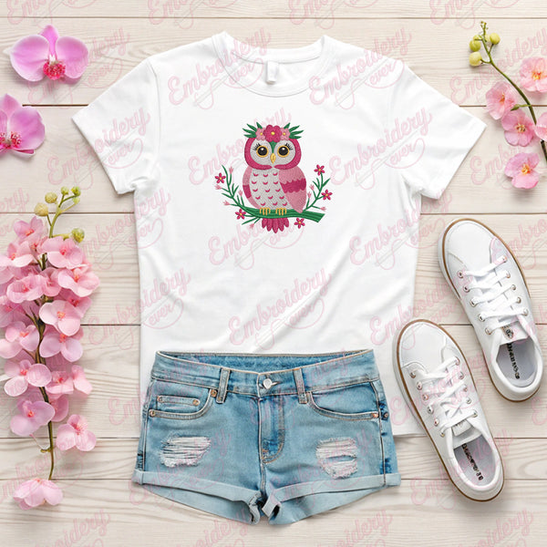Pink Blossom Owl Embroidery Design