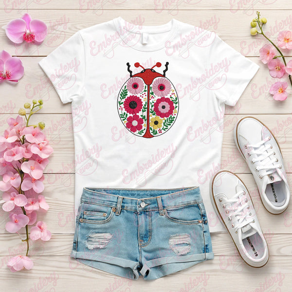 Colorful Botanical Ladybug Embroidery Design