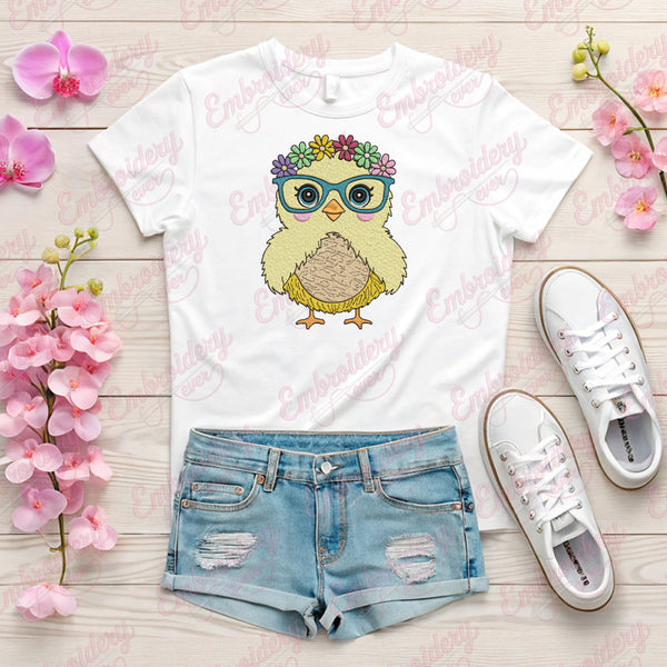 Glasses Chicken With Flowers Machine Embroidery File