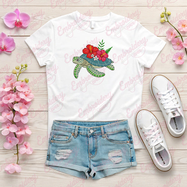 Sea Turtle With Flower Embroidery Design