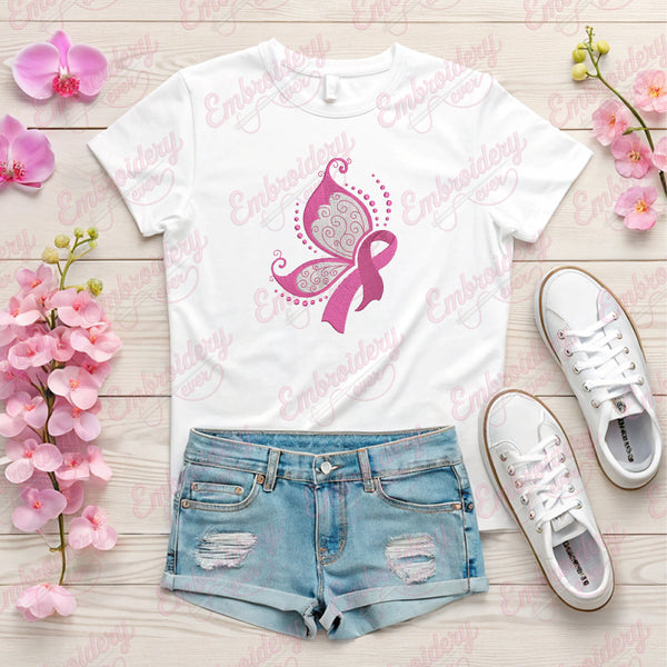Pink Ribbon Butterfly Embroidery Machine File