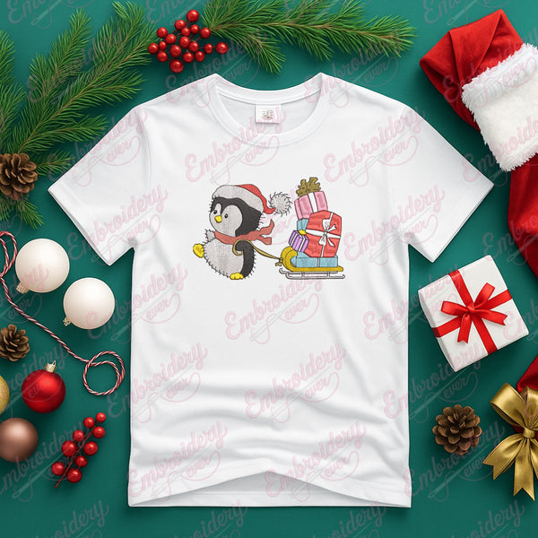 Penguin's Christmas Sleigh Ride Embroidery Design