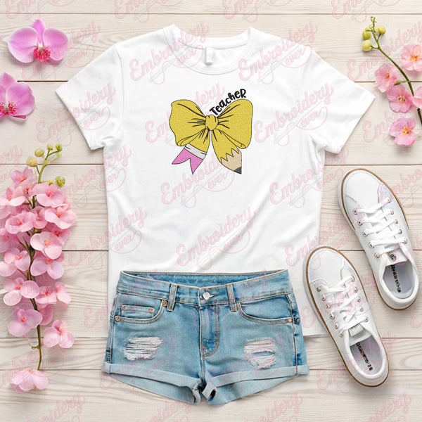 Teacher Pencil Bow Embroidery Design
