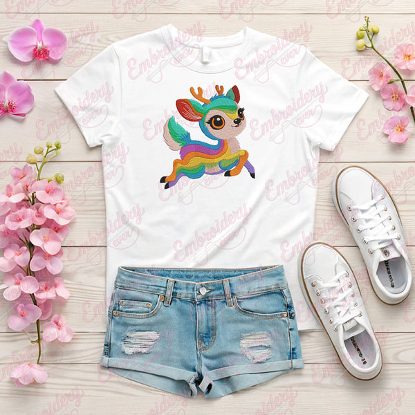 Rainbow Deer Embroidery Design