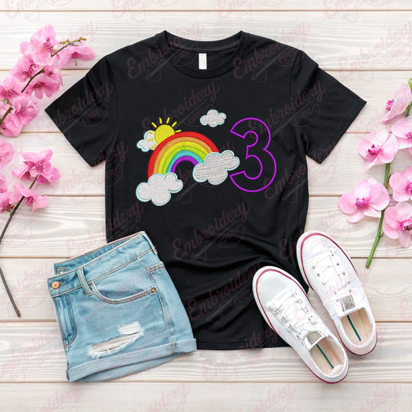 Rainbow Birthday Number 3 Embroidery Design
