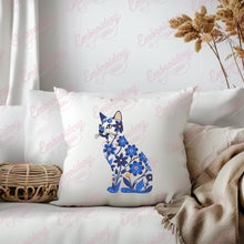 Blue and White Cat with Flowers Embroidery Design