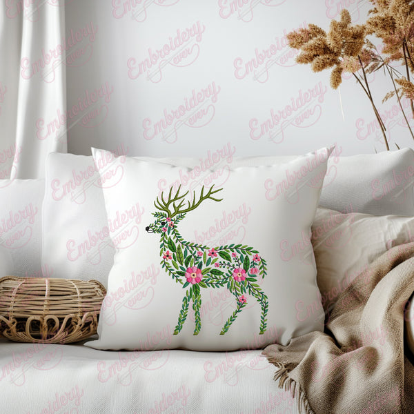 Tropical Leaves And Flowers Deer Embroidery Design