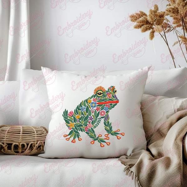 Tropical Leaves And Flowers Tree Frog Embroidery Design