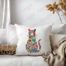 Colorful Botanical Kitty Cat Embroidery Design