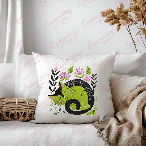 Floral Sleeping Cat Machine Embroidery Design