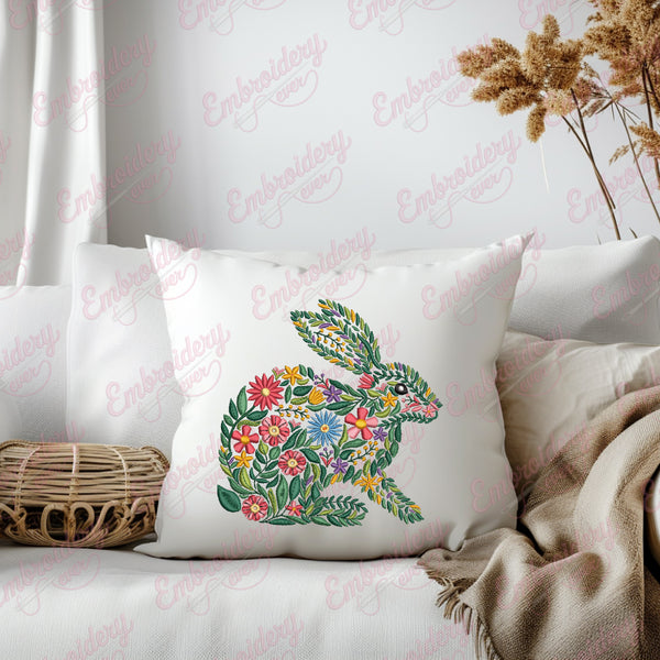 Tropical Leaves And Flowers Rabbit Embroidery Design