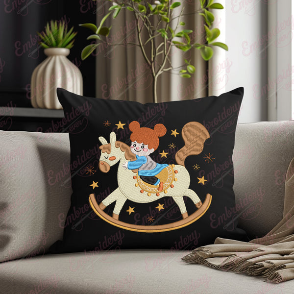 Funny Girl Playing on Toy Horse Embroidery Design