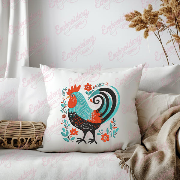 Tropical Leaves And Flowers Rooster Embroidery Design