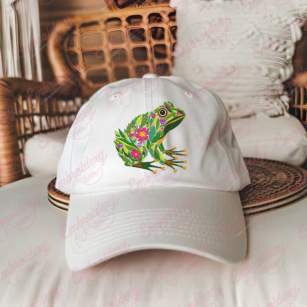 Tropical Leaves And Flowers Frog Embroidery Design