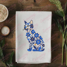 Blue and White Cat with Flowers Embroidery Design