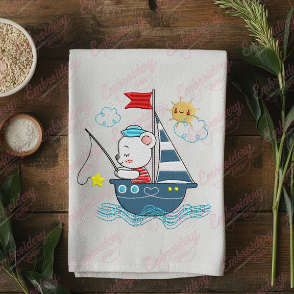 Sailor Bear Fishing Embroidery Design