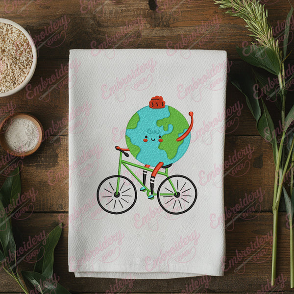 Planet Earth Riding Bicycle Embroidery Design