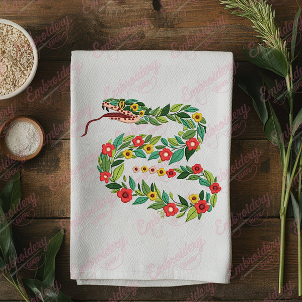 Tropical Leaves And Flowers Rattlesnake Embroidery Design