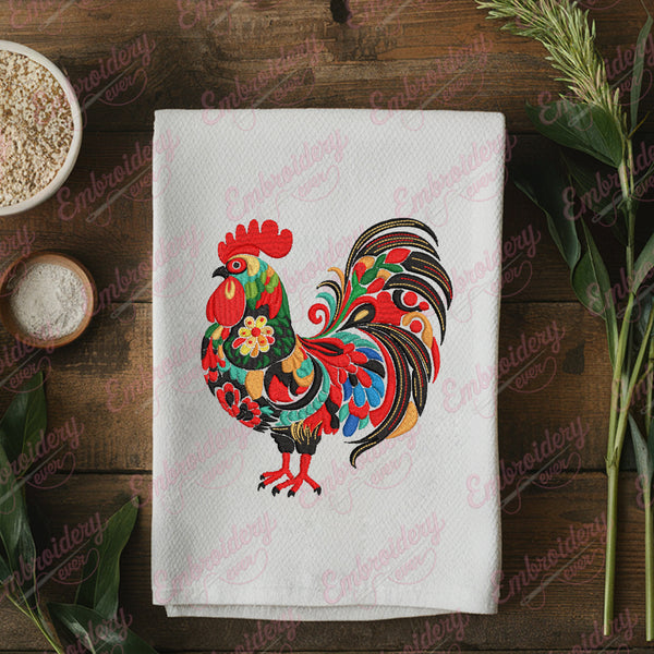 Colorful Floral Rooster Embroidery Design