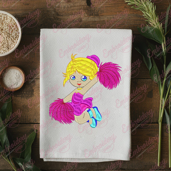 Cute Cheerleader With Pom Pom Embroidery Design