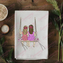 Two Cute Little Girls Sisters Swing On A Swing Embroidery Design