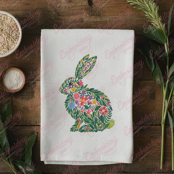 Tropical Leaves And Flowers Bunny Rabbit Embroidery Design