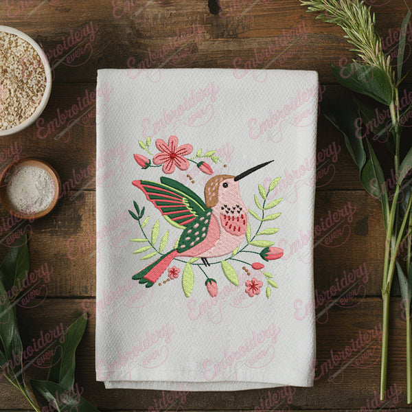 Tropical Leaves And Flowers With Bird Embroidery Design