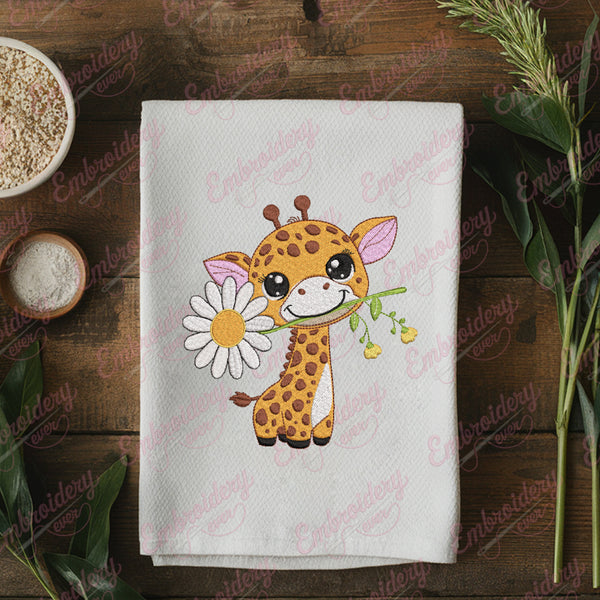 Giraffe with Daisy Flower Embroidery Design