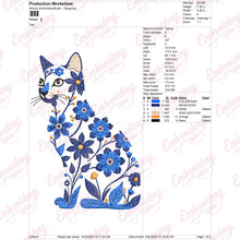 Blue and White Cat with Flowers Embroidery Design