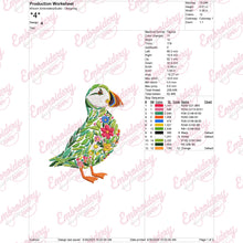 Colorful Botanical Puffin Embroidery Design
