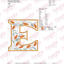 Floral Alphabet Letter E Embroidery Design