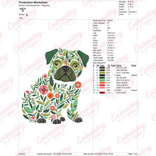 Colorful Botanical Pug Dog Embroidery Design