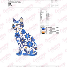 Blue and White Cat with Flowers Embroidery Design