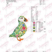 Colorful Botanical Puffin Embroidery Design