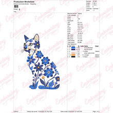 Blue and White Cat with Flowers Embroidery Design