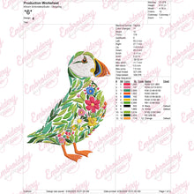 Colorful Botanical Puffin Embroidery Design