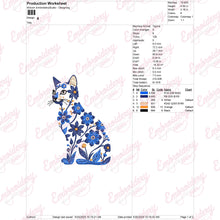Blue and White Cat with Flowers Embroidery Design