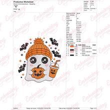 Cute Ghost with Pumpkin and Coffee Halloween Embroidery Design