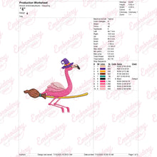 Flamingo Halloween Witch and Broomstick Embroidery Design
