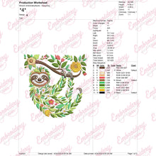 Tropical Leaves And Flowers Sloth Embroidery Design