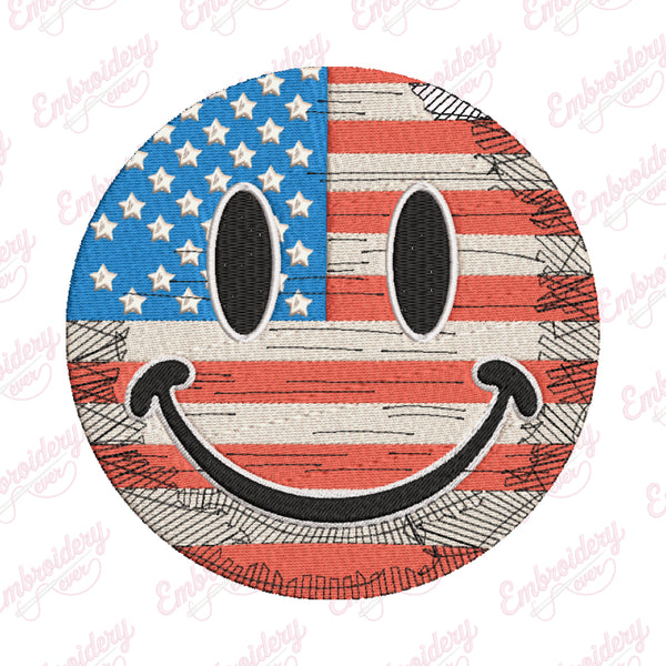 4th of July American Flag Smiley Face Embroidery Design