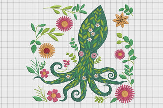 Floral Squid Fish Embroidery Design