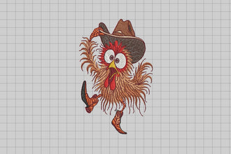 Crazy Chicken Rooster Wearing Cowboy Hat Embroidery Design