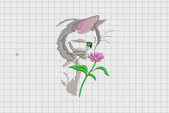 Cat Sniffing Flower Embroidery Design