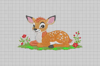 Cute Deer Sitting In The Grass Embroidery Design